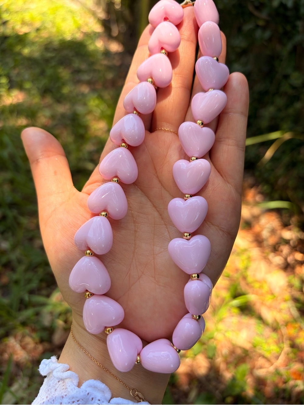 Delicate Pink Heart Bead Necklace with Gold Accents - Picture 3 of 5